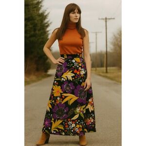 Vtg 1970s Floral Print Slit Maxi Skirt Colorful Bohemian Mod Hippie Flower Power
